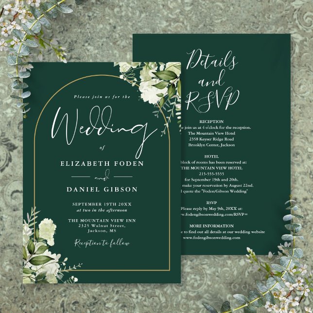 Allt i en smaragdgrön grönska guldvalvbröllop inbjudningar (All In One Emerald Greenery Gold Arch Wedding Invitation)