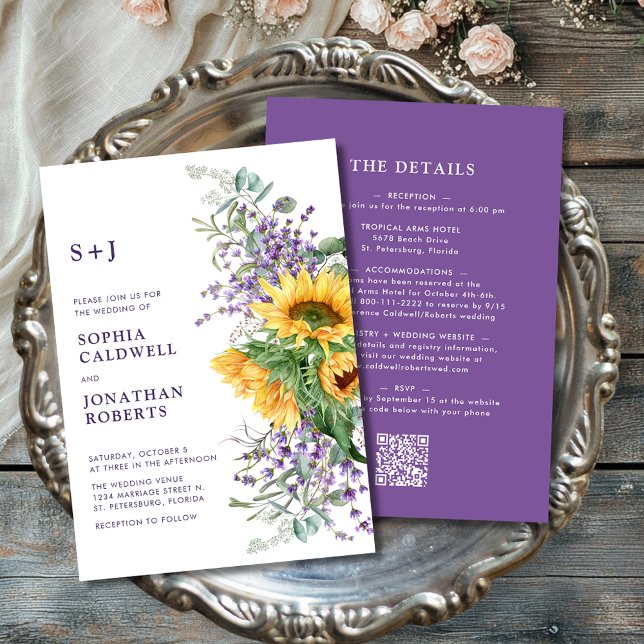Allt i en solrosa och Lavender Bröllop Inbjudningar (All in One Sunflower and Lavender Monogram Wedding Invitation)