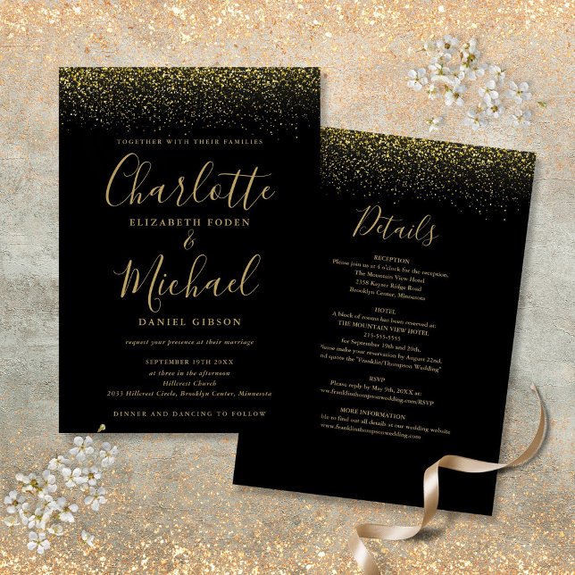 Allt i en svart och guld glitter skrift Bröllop Inbjudningar (All In One Black And Gold Glitter Script Wedding Invitation)