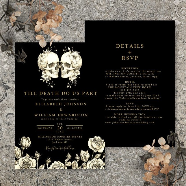 Allt i en svart och guld gotiska dödskallar bröllo inbjudningar (All In One Black And Gold Gothic Skulls Wedding Invitation)
