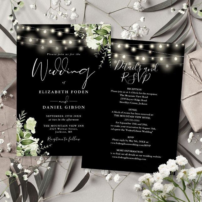 Allt i en svart strängljus blomsterbröllop inbjudningar (All In One Black String Lights Floral Wedding Invitation)