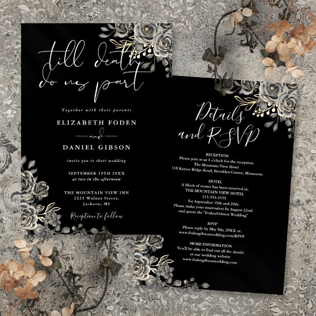 Allt i en svart-vit gotisk blomsterbröllop inbjudningar (All In One Black And White Gothic Floral Wedding Invitation)
