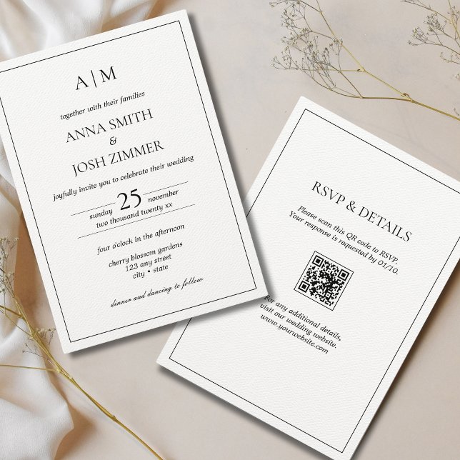 Allt i en svartvit minimal QR-kod för Monogram Inbjudningar (All white wedding invitation with QR code)
