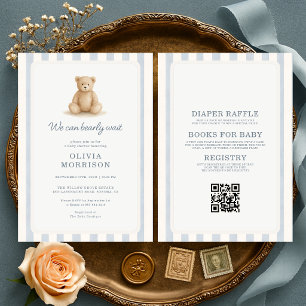 Allt i en Teddybjörn Pojke Blå Ränder Baby Shower Inbjudningar