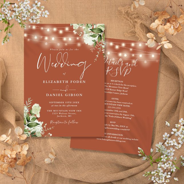 Allt i en terrakotta-stränglykta för blomsterbröll inbjudningar (All In One Terracotta String Lights Floral Wedding Invitation)