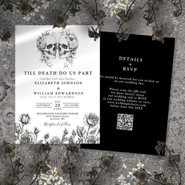 Allt i en vigselring gotisk dödskalle QR-kod bröll Inbjudningar (All In One Till Death Gothic Skull QR Code Wedding Invitation)