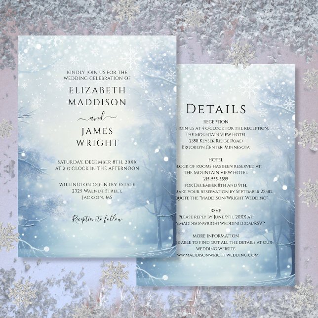 Allt i en vinterundrets skogbröllop inbjudningar (All In One Winter Wonderland Forest Wedding Invitation)