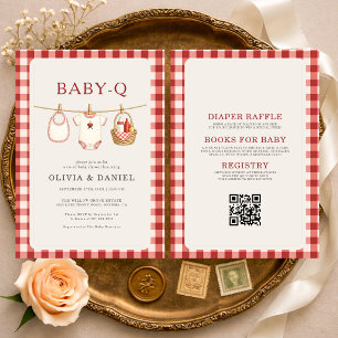 Allt i ett Baby Q Klädtorrne Gingham Babyfirande Inbjudningar