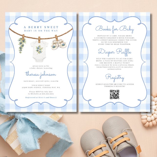 Allt i ett blåbärs plättlina baby shower inbjudningar (All in One Blueberry Clothesline Baby Shower Invitation)