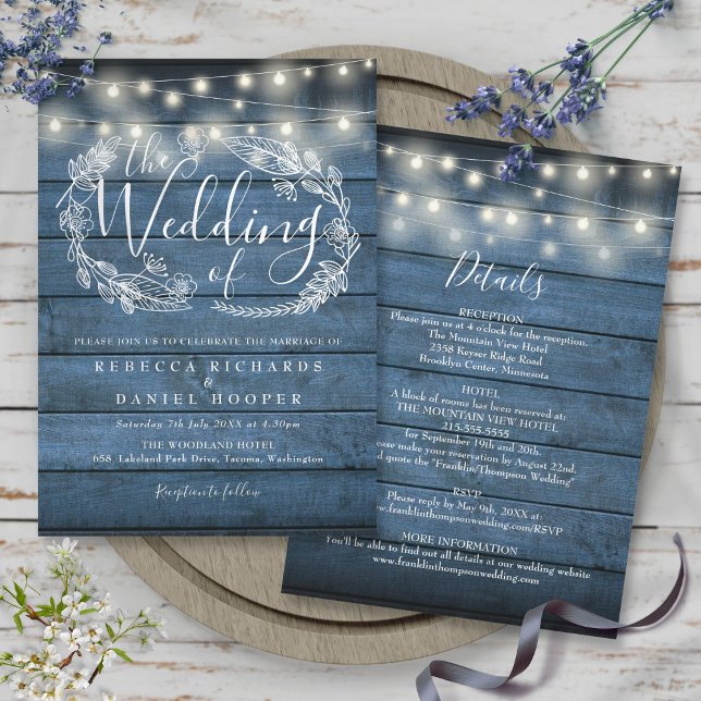 Allt i ett blått Rustic Wood String Ljus Bröllop Inbjudningar (All In One Blue Rustic Wood String Lights Wedding Invitation)