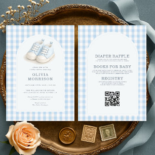 Allt i ett blått skor Gingham babyfirande Inbjudningar