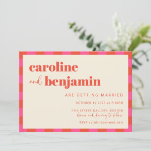 Allt-i-ett-Bröllop i Checkboard för Rosa-Orange Inbjudningar