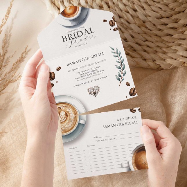 Allt-i-ett Bröllopsdusch Inbjudan Kärlek Bryggs (Coffee themed bridal shower invitations with recipe cards. Tri-fold seal and send. )
