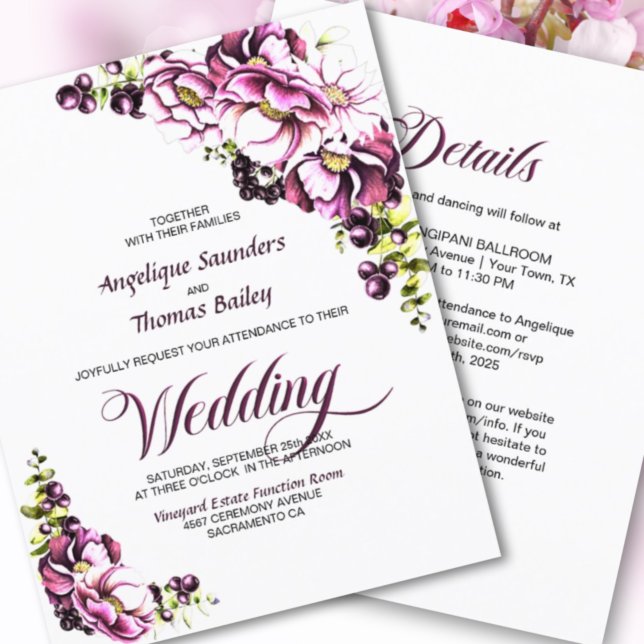 Allt i ett budget rosa blommig bröllopsinbjudan (Skapare uppladdad)