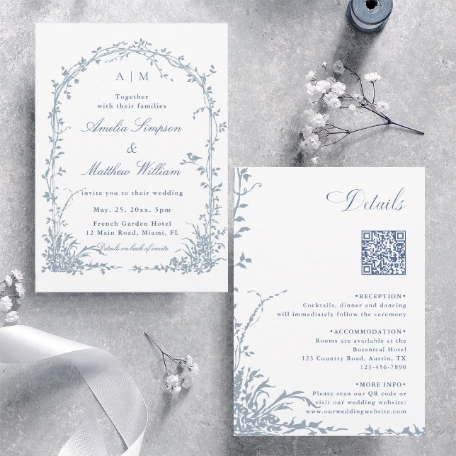 Allt i ett dammigt blått blomsterträdgårdsbåge för inbjudningar (Front & Back)