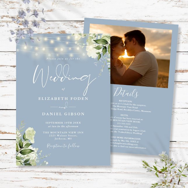 Allt i ett dammigt blått grönt lätt foto bröllop inbjudningar (All In One Dusty Blue Greenery Light Photo Wedding Invitation)