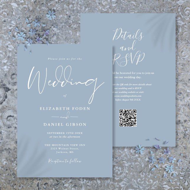 Allt i ett dammigt blått QR-kodbröllop Inbjudningar (All In One Dusty Blue QR Code Wedding Invitation)