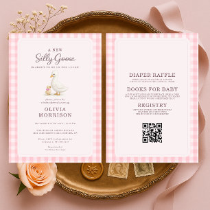 Allt i ett dumma gås rosa QR-kod baby shower Inbjudningar