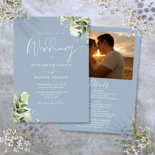 Allt i ett Dusty Blue Greenery Photo Bröllop Inbjudningar (All In One Dusty Blue Greenery Photo Wedding Invitation)