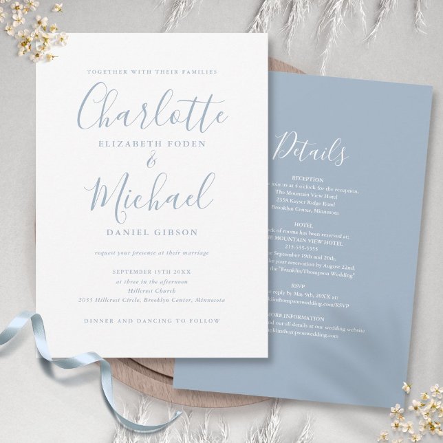 Allt i ett Dusty Blue Simple Chic Script Bröllop Inbjudningar (All In One Dusty Blue Simple Chic Script Wedding Invitation)