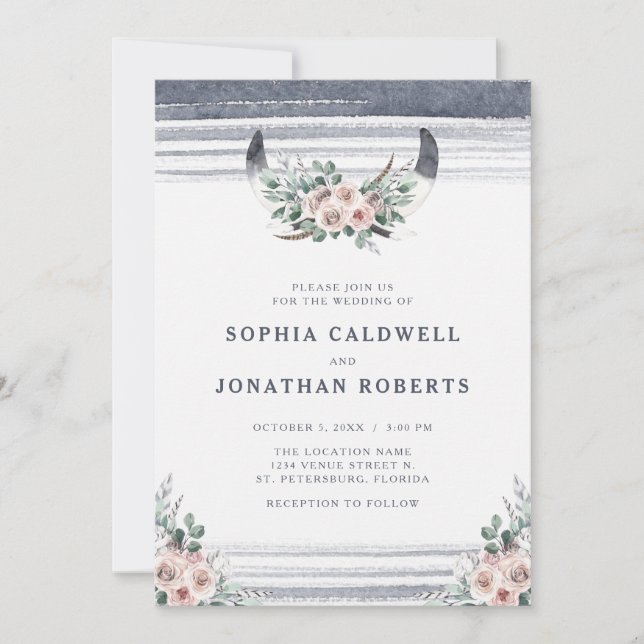 Allt i ett Dusty Rosa ros Bull Horns Bröllop Inbjudningar (Framsida)