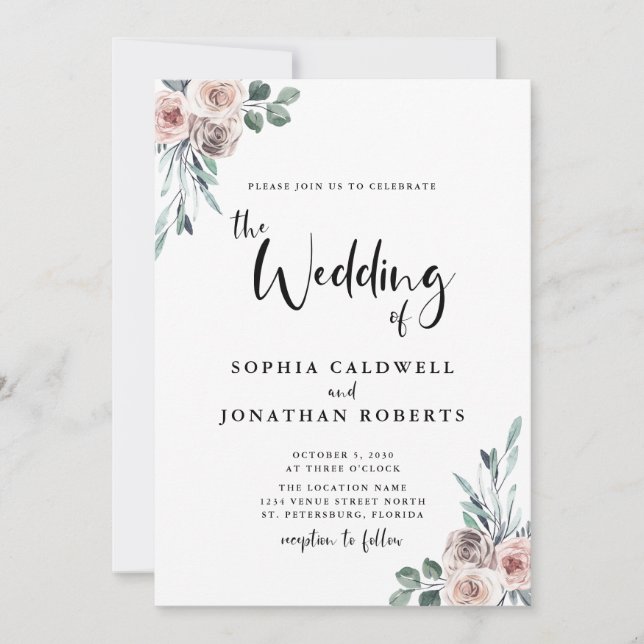 Allt i ett Dusty Rosa ros Calligraphy Bröllop Inbjudningar (Framsida)