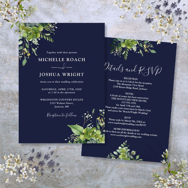 Allt i ett enda Eucalyptus Greenery Navy Blue Bröl Inbjudningar (All In One Eucalyptus Greenery Navy Blue Wedding Invitation)