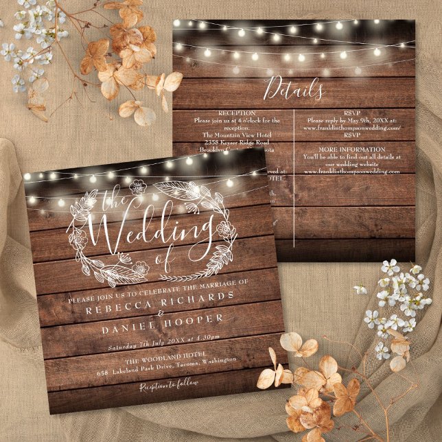 Allt i ett enda Rustic Wood String Light Square Br Inbjudningar (All In One Rustic Wood String Light Square Wedding Invitation)