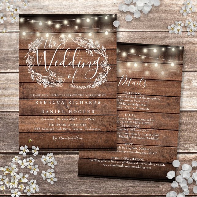 Allt i ett enda Rustic Wood String Ljus Bröllop Inbjudningar (All In One Rustic Wood String Lights Wedding Invitation)