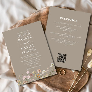 Allt i ett enda Taupe Wildblomme QR-kod Bröllop Inbjudningar