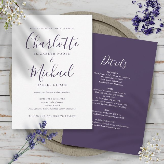 Allt i ett enkelt elegant lila manus bröllop inbjudningar (All In One Simple Elegant Purple Script Wedding Invitation)