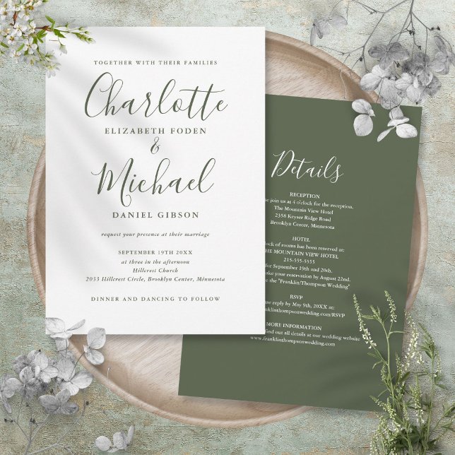 Allt i ett enkelt olivgrönt skriptbröllop inbjudningar (All In One Simple Olive Green Script Wedding Invitation)