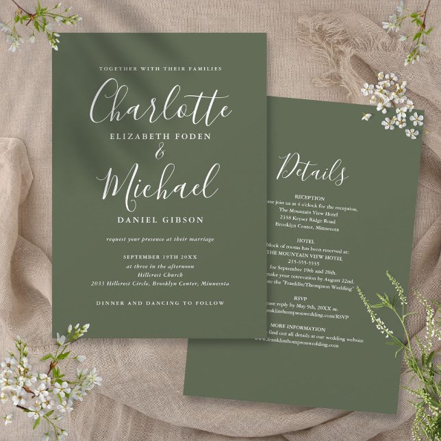 Allt i ett enkelt skript i Eleganten Olive Bröllop Inbjudningar (All In One Simple Elegant Script Olive Wedding Invitation)