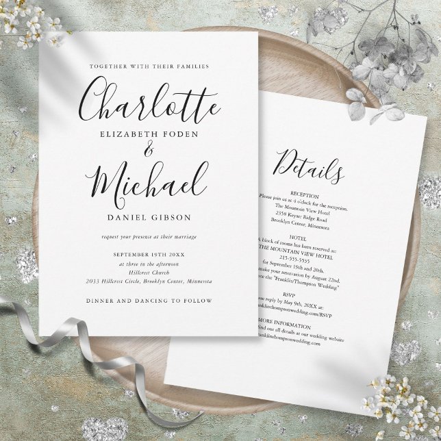 Allt i ett enkelt svart och vitt bröllopsscript inbjudningar (All In One Simple Black And White Script Wedding Invitation)
