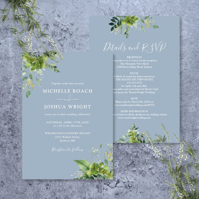 Allt i ett eukalyptus Greenery Dusty Blue Bröllop Inbjudningar (All In One Eucalyptus Greenery Dusty Blue Wedding Invitation)