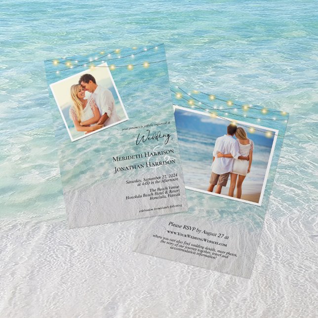 Allt i ett foto Seaside Sandy Beach & Ljus Inbjudningar (Front and back - features RSVP information, website, and any details you would like to add.)