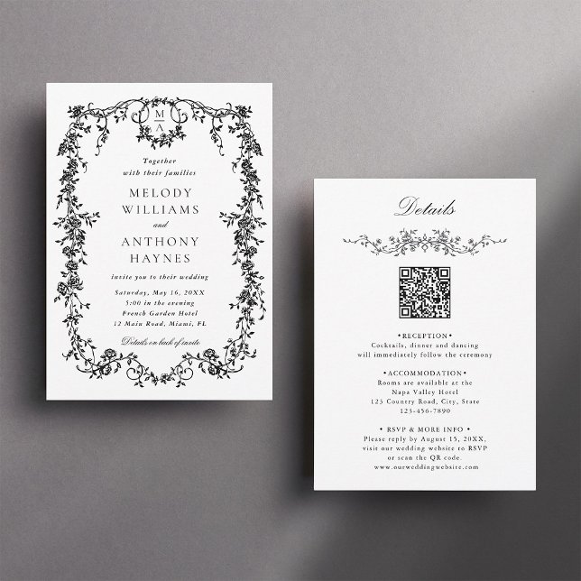Allt i ett franskt viktorianskt svart & vitt bröll inbjudningar (Front & Back)