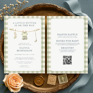 Allt i ett golf gingham klädstreck baby shower inbjudningar