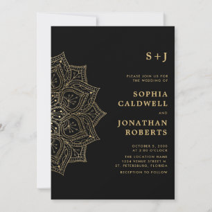 Allt i ett Guld Mandala Monogram Black Bröllop Inbjudningar
