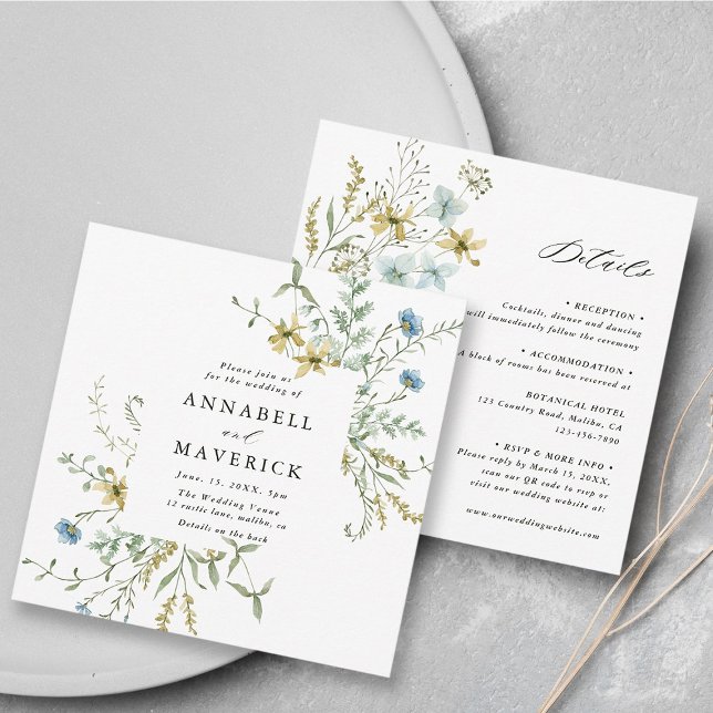 Allt i ett känsligt Wildblomme Modern Boho Bröllop Inbjudningar (Front & Back)