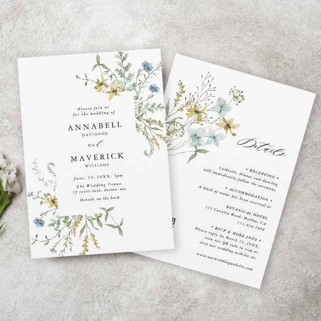 Allt i ett känsligt Wildblomme Modern Boho Bröllop Inbjudningar (Front & Back)