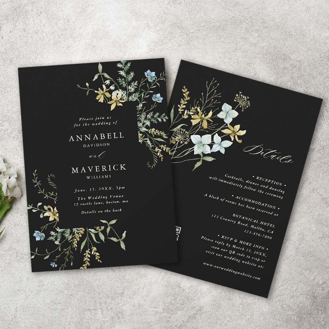 Allt i ett känsligt Wildblomsvart Boho Bröllop Inbjudningar (Front & Back)