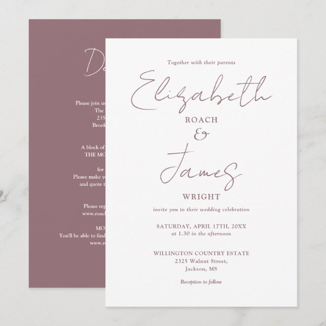 Allt i ett Mauve minimalistisk elegant bröllop Inbjudningar (Fram/baksida)
