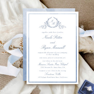 Allt-i-ett-monogram Dusty Blue Watercolor Bröllop Inbjudningar