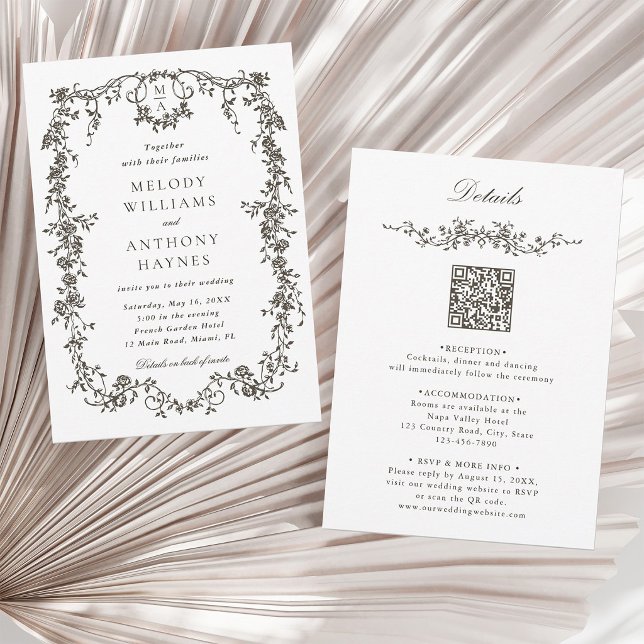 Allt i ett mörkt grått brunt franskt blommande brö inbjudningar (Front & Back)
