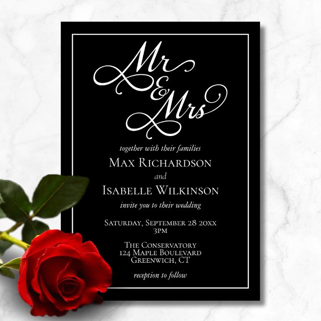 Allt i ett Mr. Black and White Bröllop Inbjudningar (Chic minimalist black and white wedding invitation, mr and mrs elegant script calligraphy typography)