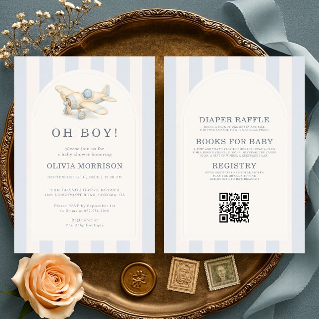 Allt i ett Oh Boy Blue Flygplan Babyshower Inbjudningar (Skapare uppladdad)