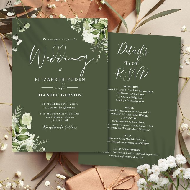 Allt i ett Olivgrönt Grönt Blommigt Bröllop Inbjudningar (All In One Olive Green Greenery Floral Wedding Invitation)