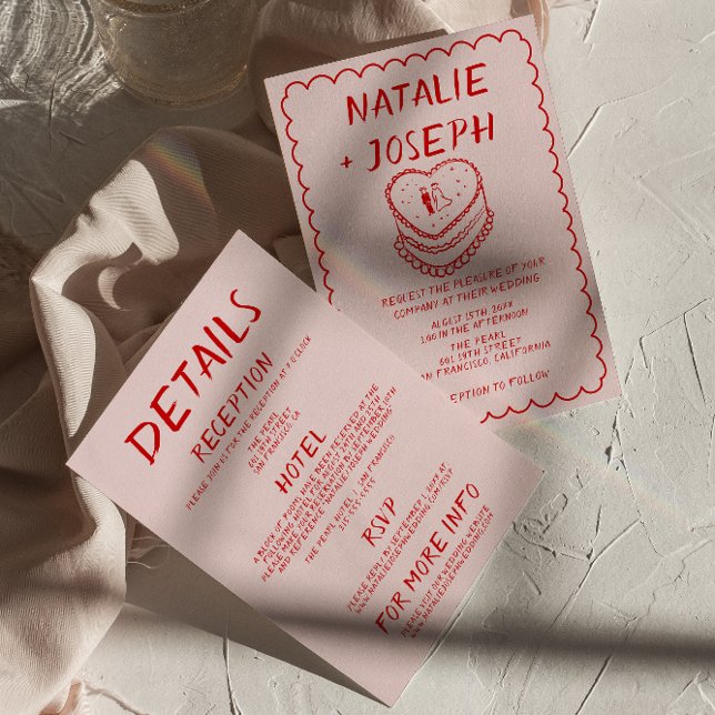 Allt i ett Röda Rosa Hand plockade Cake Ram Bröllo Inbjudningar (Skapare uppladdad)