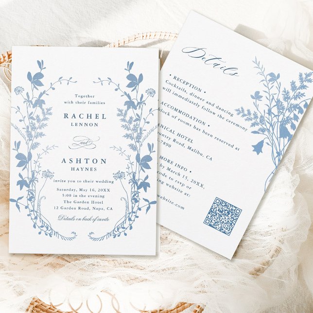 Allt-i-ett Romantisk Fransk Blå Botanisk Bröllop Inbjudningar (Front & Back)